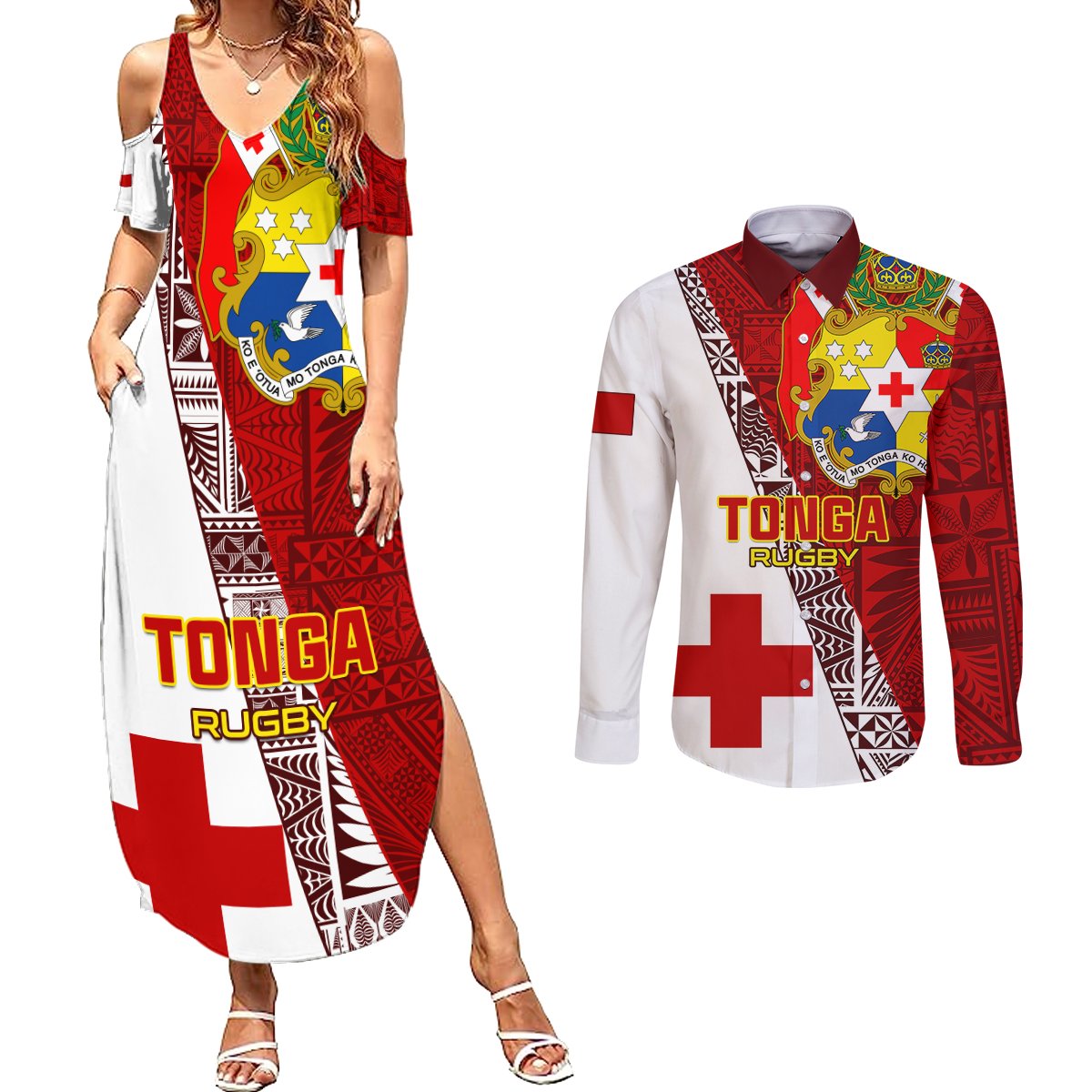 Custom Tonga Rugby Couples Matching Summer Maxi Dress and Long Sleeve Button Shirts Tongan Go 2023 World Cup LT01 Red - Polynesian Pride