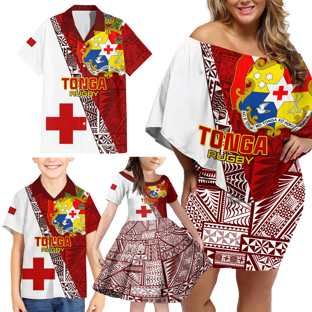 Custom Tonga Rugby Family Matching Off Shoulder Short Dress and Hawaiian Shirt Tongan Go 2023 World Cup LT01 - Polynesian Pride