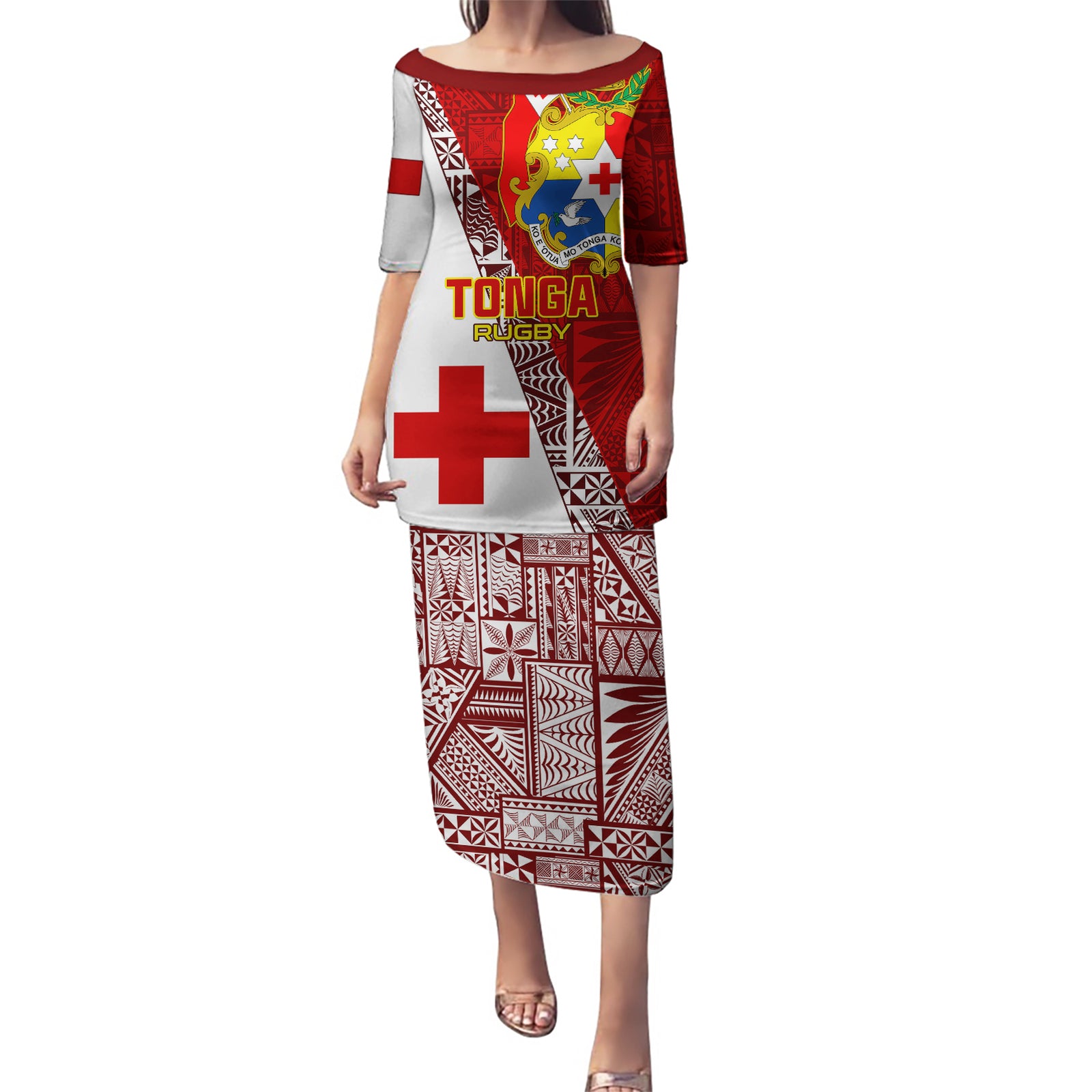 Custom Tonga Rugby Puletasi Tongan Go 2023 World Cup LT01 Long Dress Red - Polynesian Pride