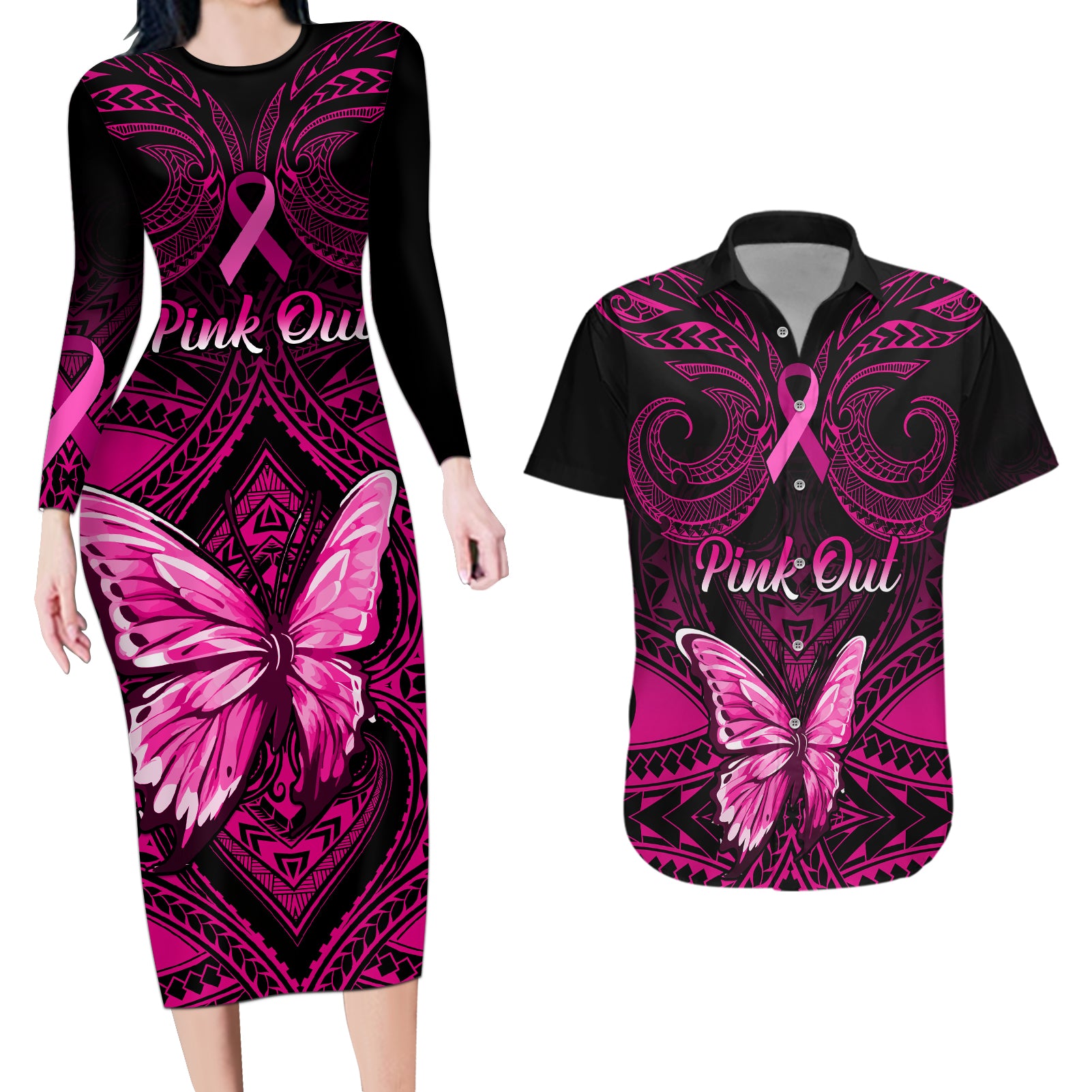 personalised-pink-out-couples-matching-long-sleeve-bodycon-dress-and-hawaiian-shirt-breast-cancer-awareness-polynesian-pattern-black-version