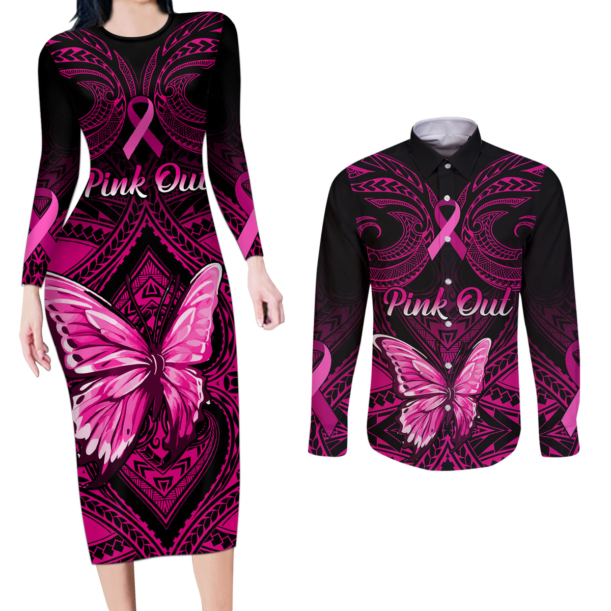 personalised-pink-out-couples-matching-long-sleeve-bodycon-dress-and-long-sleeve-button-shirts-breast-cancer-awareness-polynesian-pattern-black-version