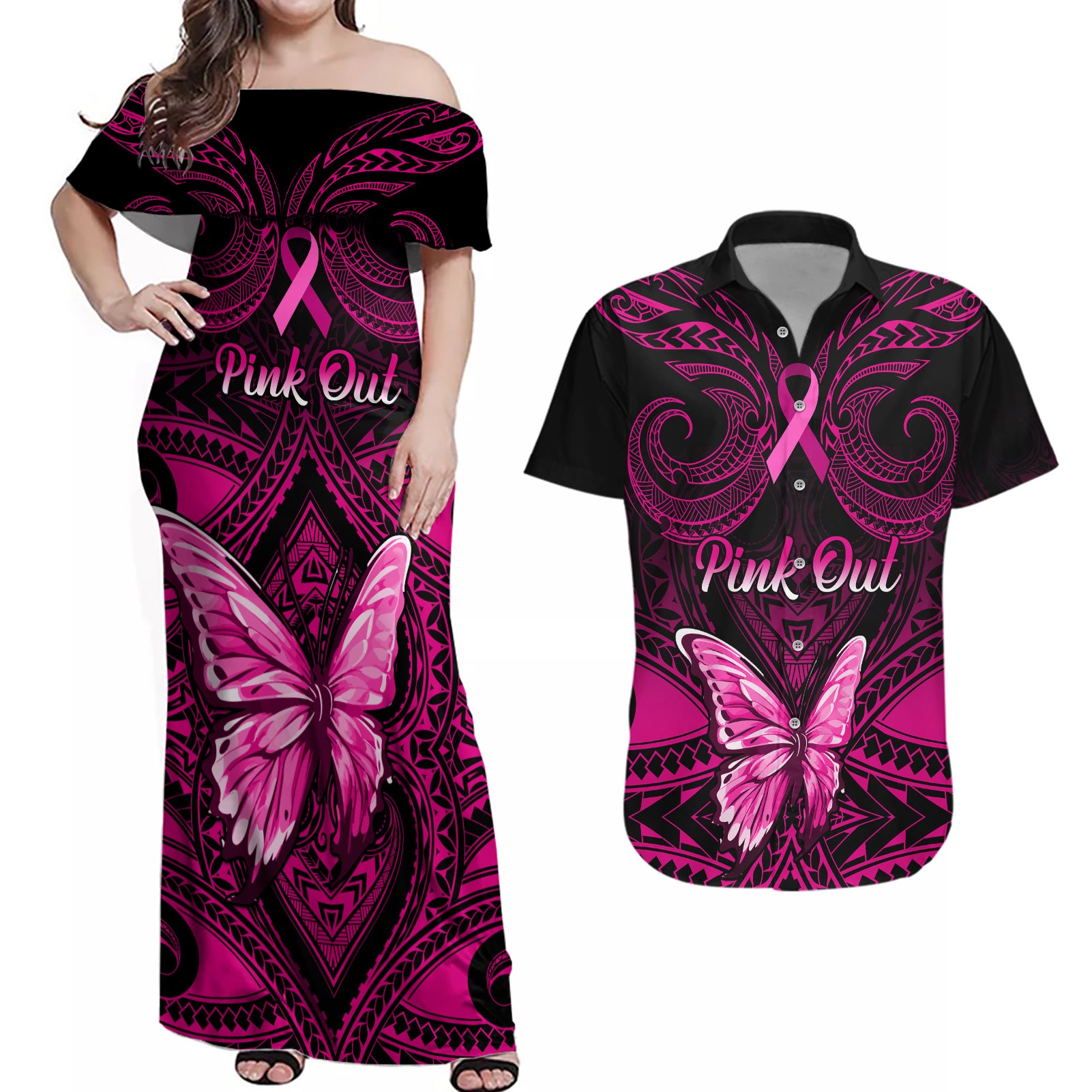 personalised-pink-out-couples-matching-off-shoulder-maxi-dress-and-hawaiian-shirt-breast-cancer-awareness-polynesian-pattern-black-version