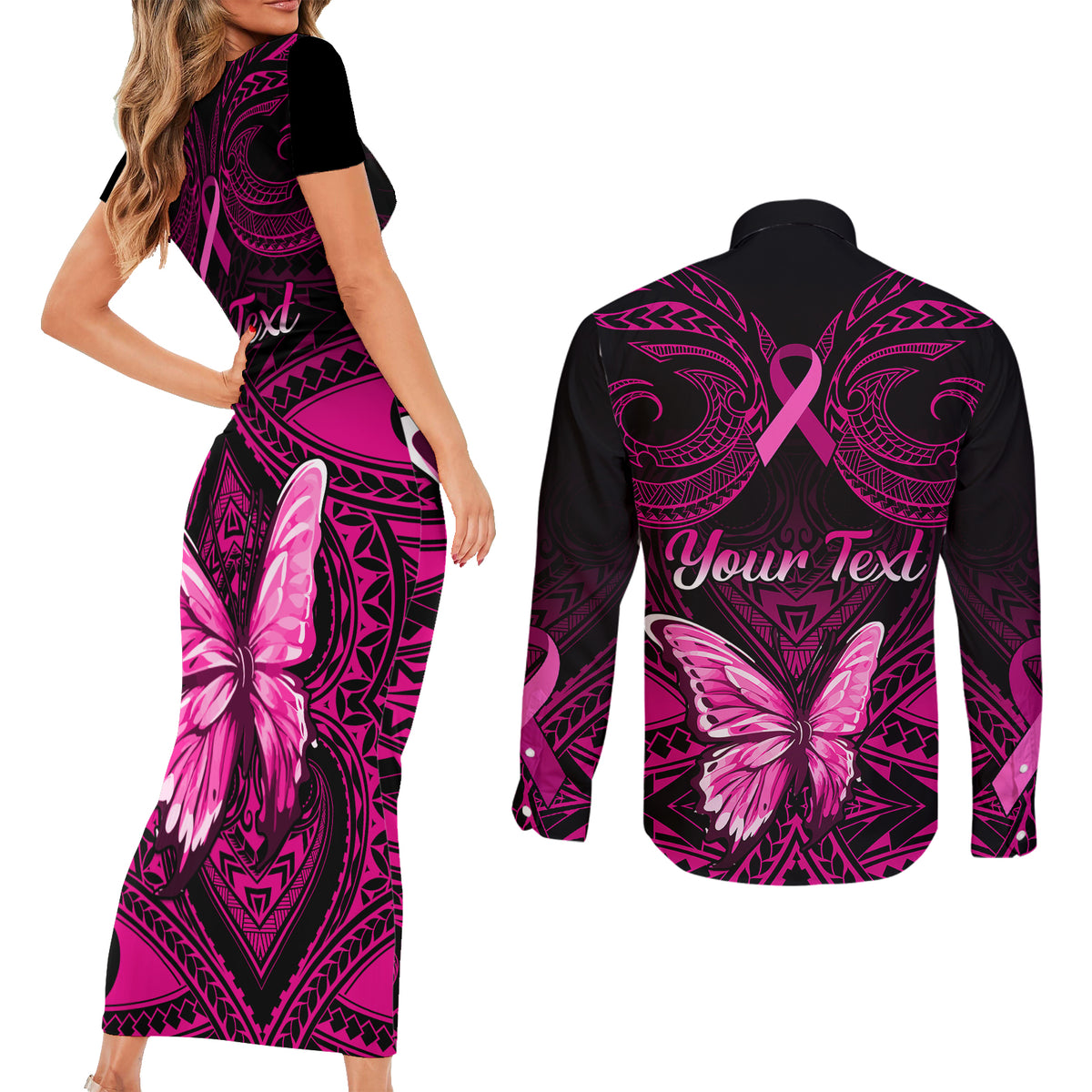 personalised-pink-out-couples-matching-short-sleeve-bodycon-dress-and-long-sleeve-button-shirts-breast-cancer-awareness-polynesian-pattern-black-version