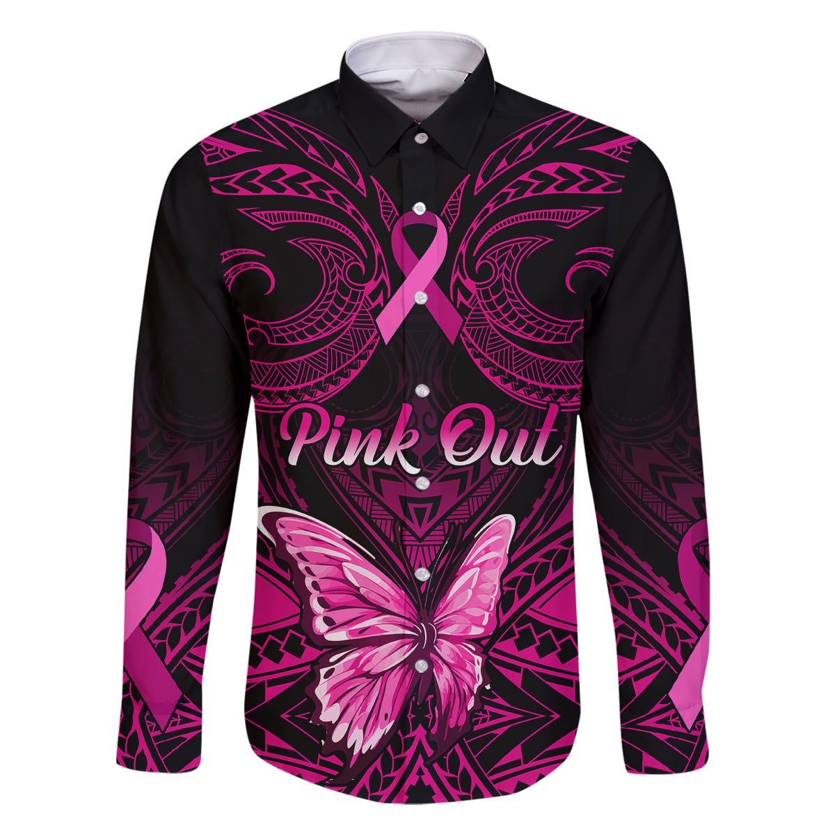personalised-pink-out-family-matching-long-sleeve-bodycon-dress-and-hawaiian-shirt-breast-cancer-awareness-polynesian-pattern-black-version