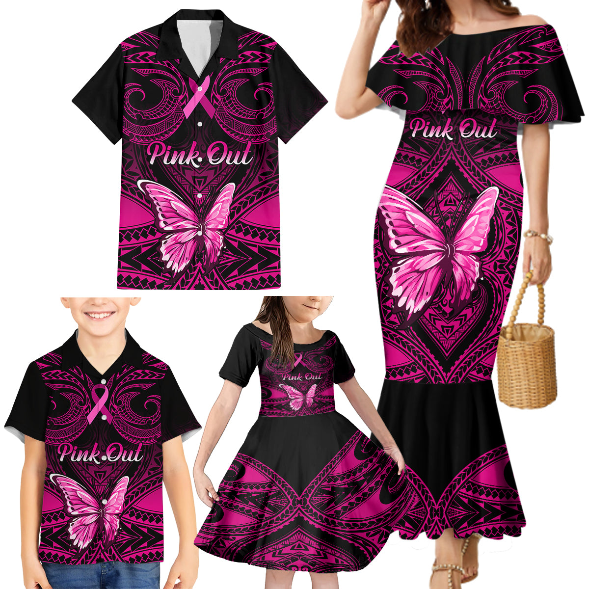 Personalised Pink Out Family Matching Mermaid Dress and Hawaiian Shirt Breast Cancer Awareness Polynesian Pattern Black Version LT01 - Polynesian Pride