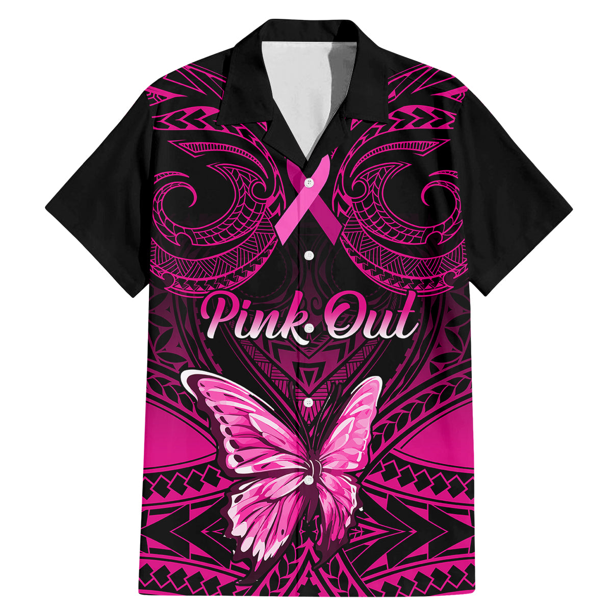 personalised-pink-out-family-matching-mermaid-dress-and-hawaiian-shirt-breast-cancer-awareness-polynesian-pattern-black-version