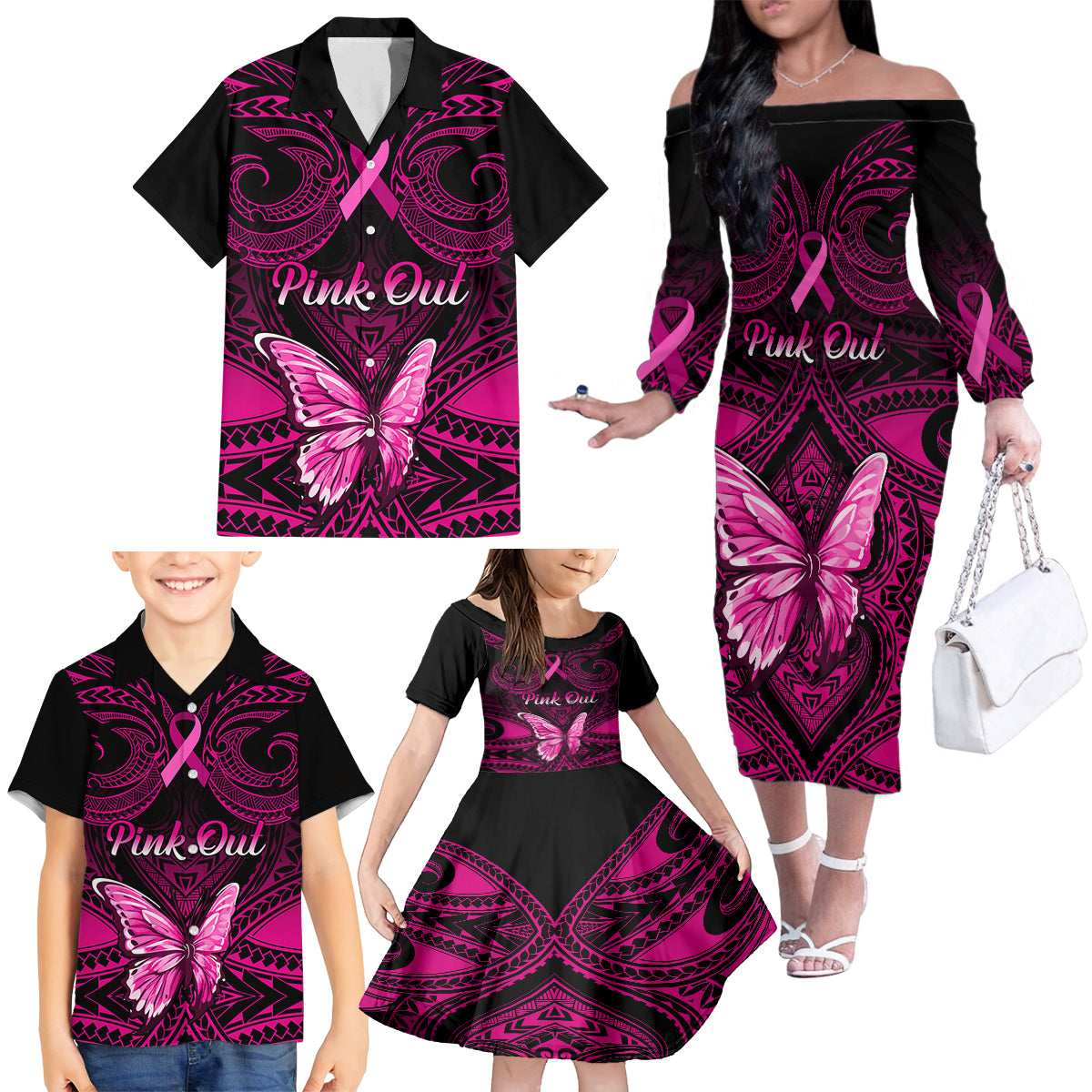 personalised-pink-out-family-matching-off-shoulder-long-sleeve-dress-and-hawaiian-shirt-breast-cancer-awareness-polynesian-pattern-black-version