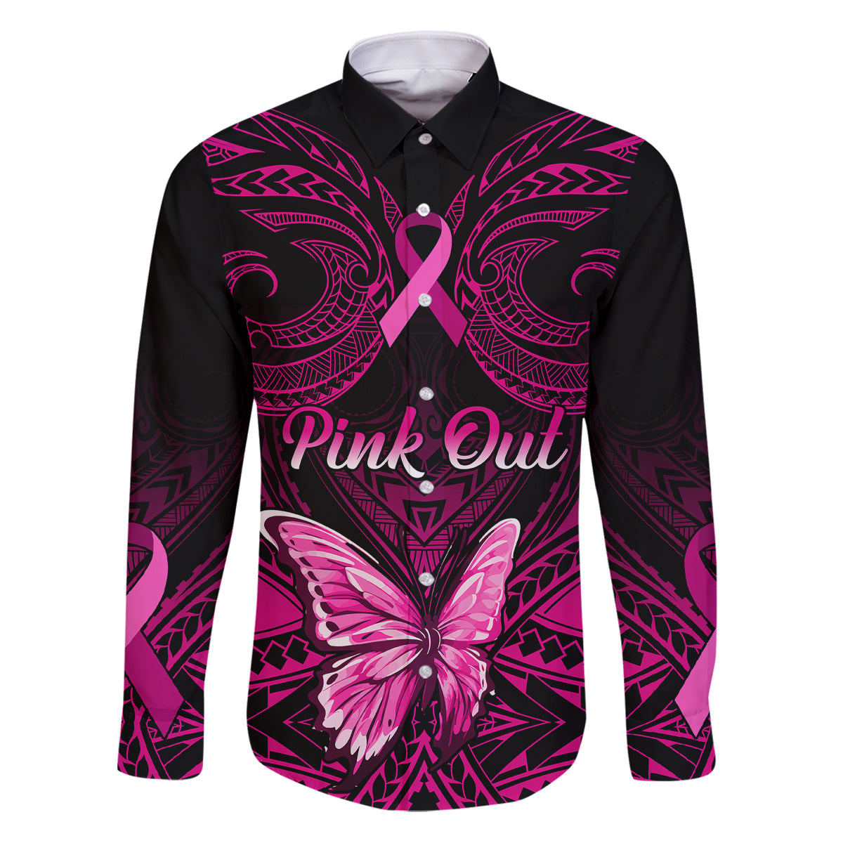 Personalised Pink Out Family Matching Puletasi Dress and Hawaiian Shirt Breast Cancer Awareness Polynesian Pattern Black Version LT01 Dad's Shirt - Long Sleeve Black - Polynesian Pride