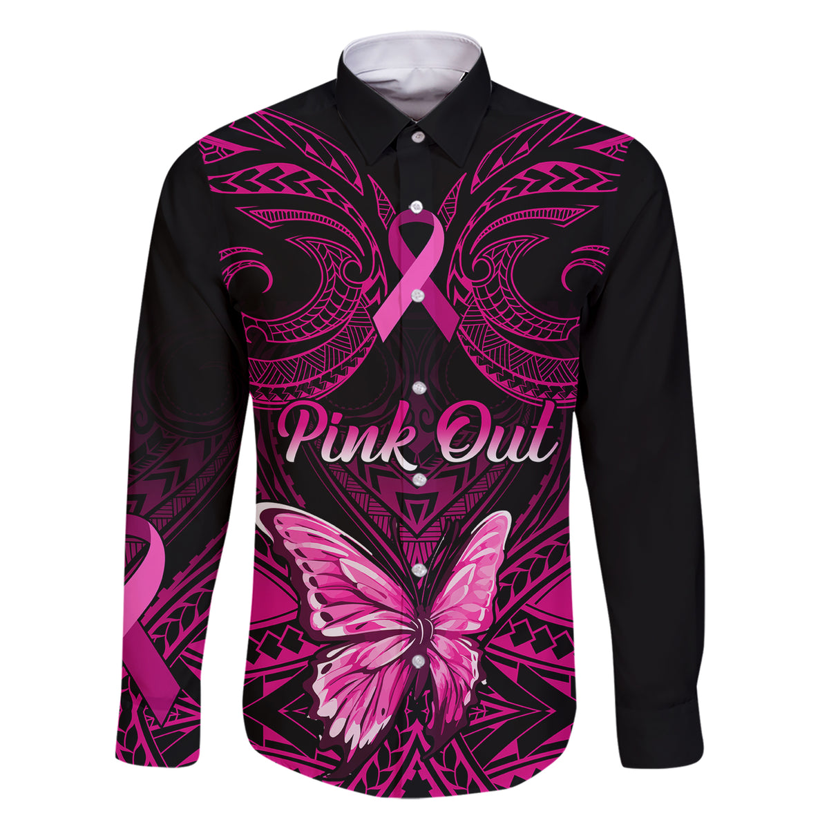 personalised-pink-out-family-matching-short-sleeve-bodycon-dress-and-hawaiian-shirt-breast-cancer-awareness-polynesian-pattern-black-version