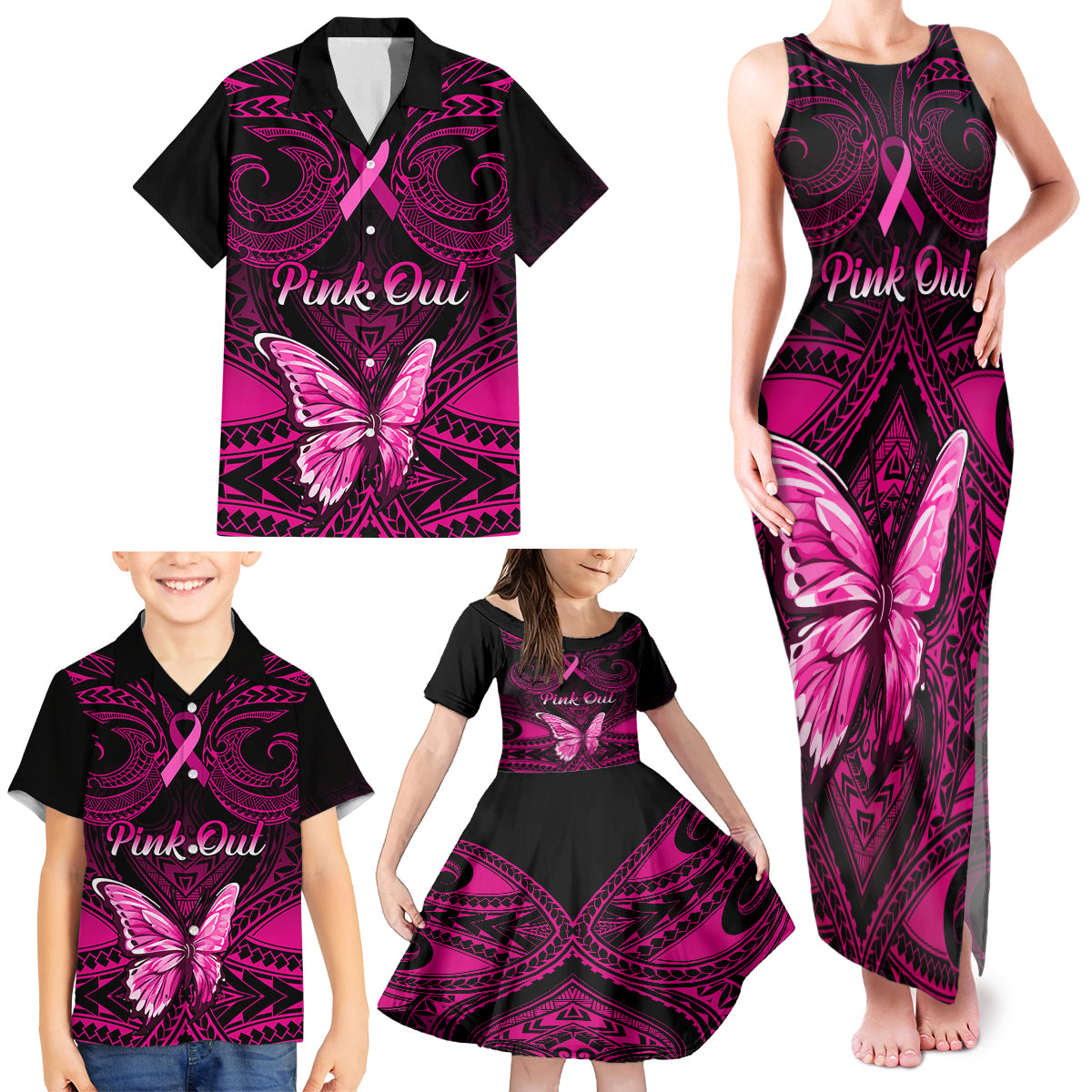 personalised-pink-out-family-matching-tank-maxi-dress-and-hawaiian-shirt-breast-cancer-awareness-polynesian-pattern-black-version