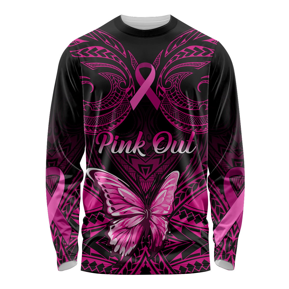 Personalised Pink Out Long Sleeve Shirt Breast Cancer Awareness Polynesian Pattern Black Version LT01 Unisex Black - Polynesian Pride
