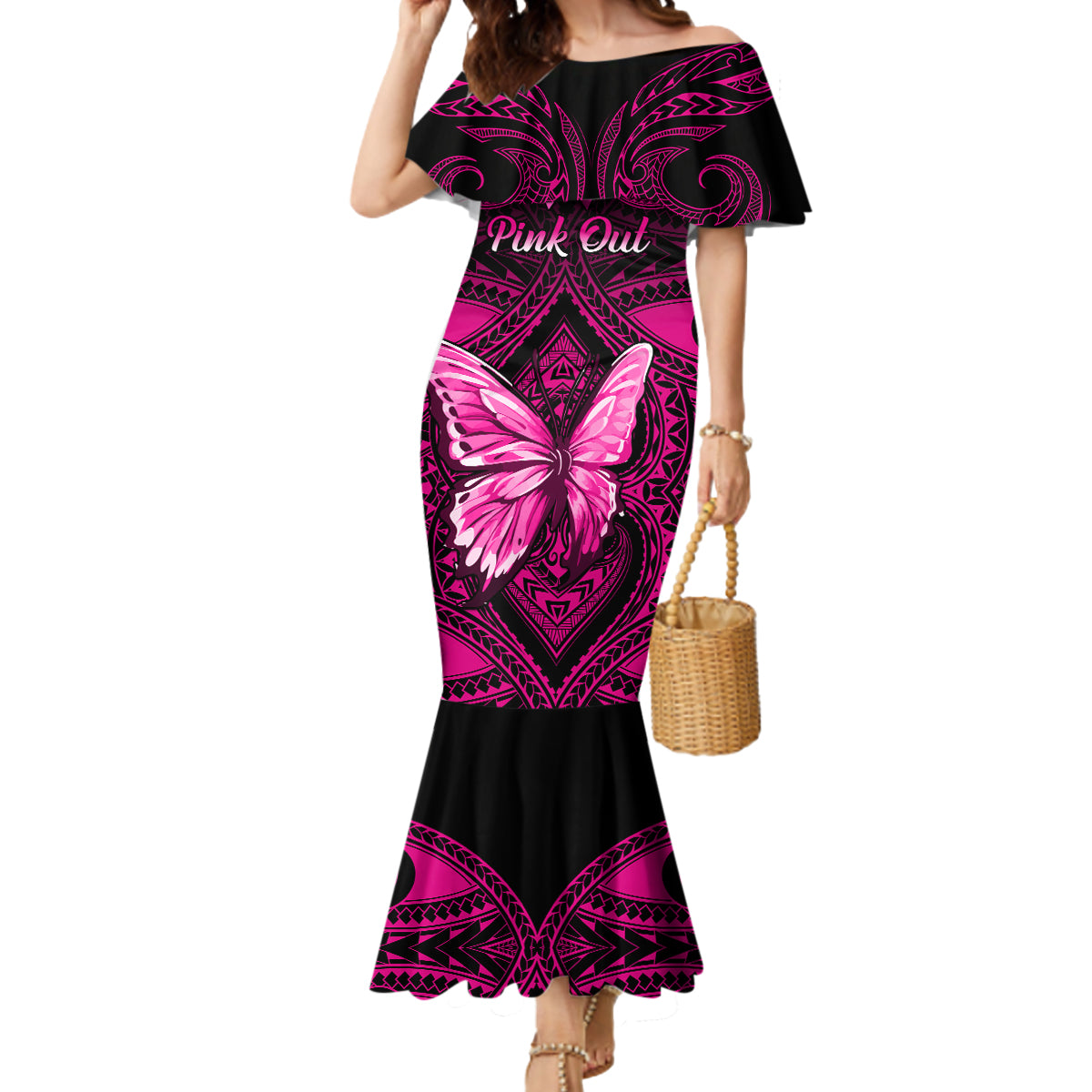 personalised-pink-out-mermaid-dress-breast-cancer-awareness-polynesian-pattern-black-version