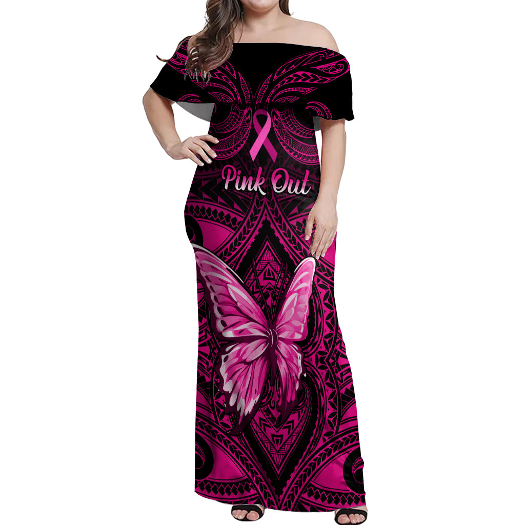 personalised-pink-out-off-shoulder-maxi-dress-breast-cancer-awareness-polynesian-pattern-black-version