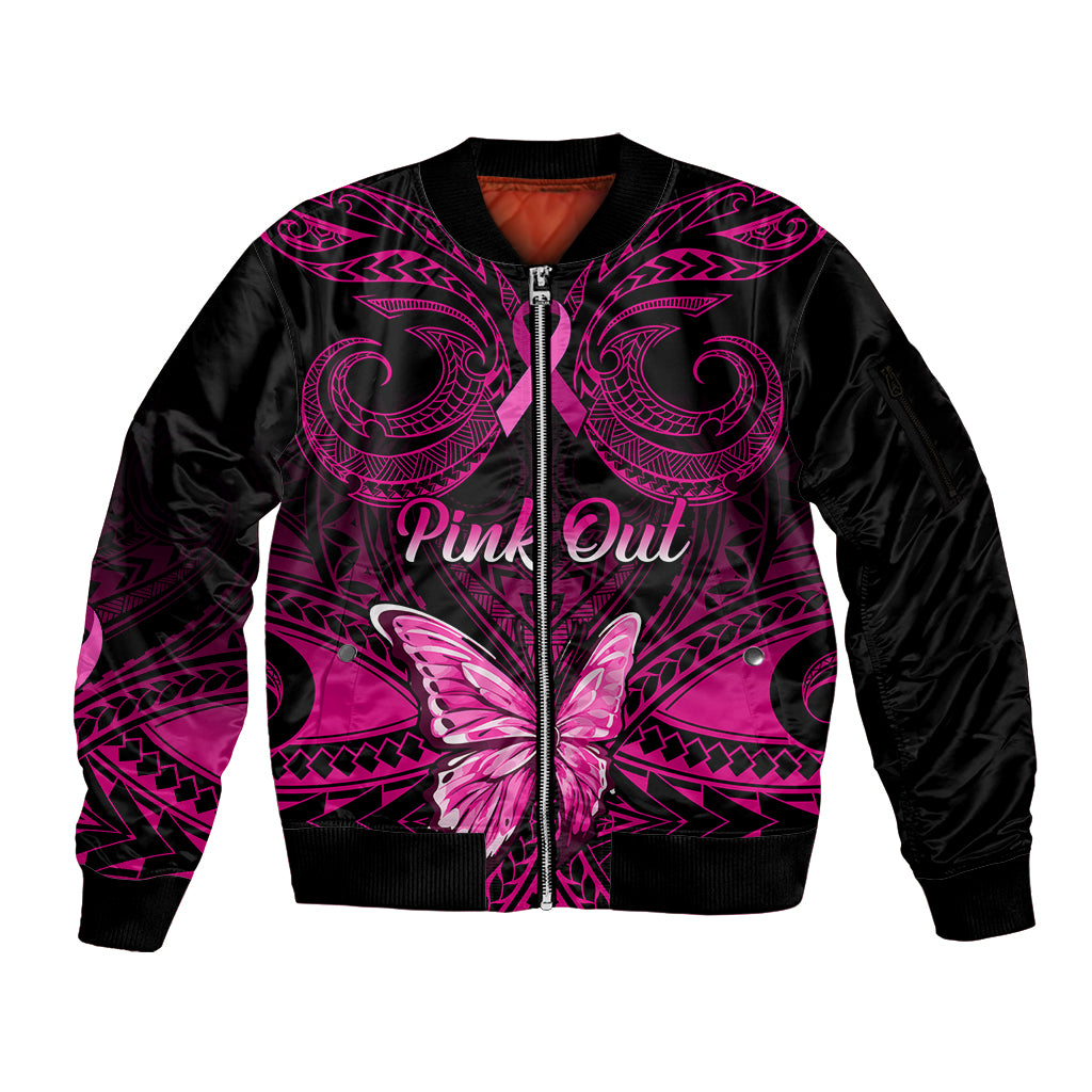 Personalised Pink Out Sleeve Zip Bomber Jacket Breast Cancer Awareness Polynesian Pattern Black Version LT01 Unisex Black - Polynesian Pride