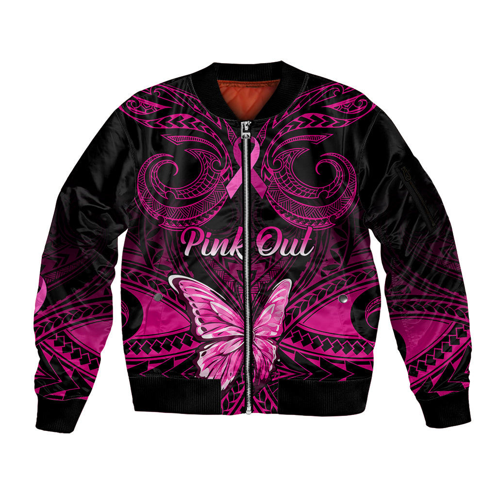 Personalised Pink Out Sleeve Zip Bomber Jacket Breast Cancer Awareness Polynesian Pattern Black Version LT01 Unisex Black - Polynesian Pride