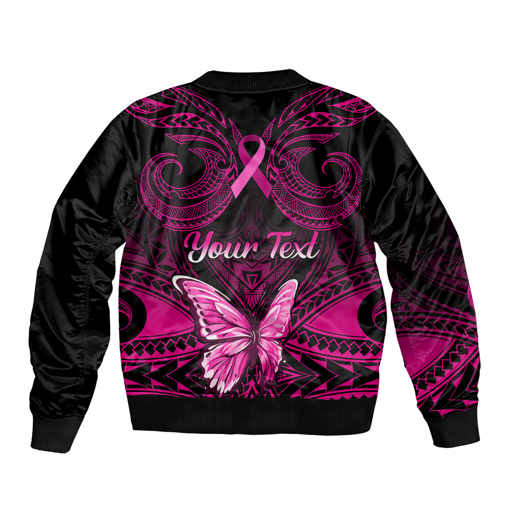 Personalised Pink Out Sleeve Zip Bomber Jacket Breast Cancer Awareness Polynesian Pattern Black Version LT01 - Polynesian Pride