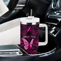 Personalised Pink Out Tumbler With Handle Breast Cancer Awareness Polynesian Pattern Black Version