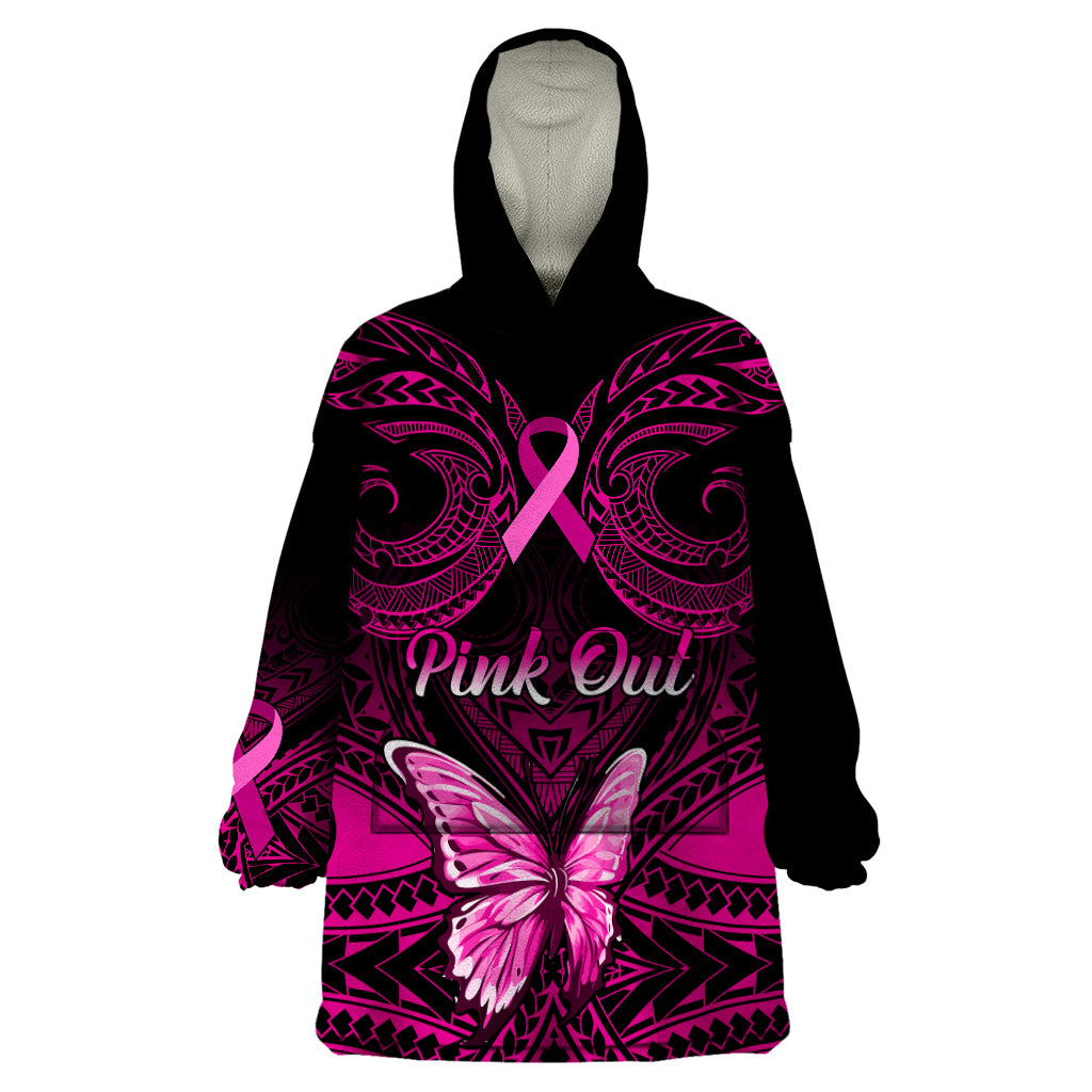 Personalised Pink Out Wearable Blanket Hoodie Breast Cancer Awareness Polynesian Pattern Black Version LT01 One Size Black - Polynesian Pride