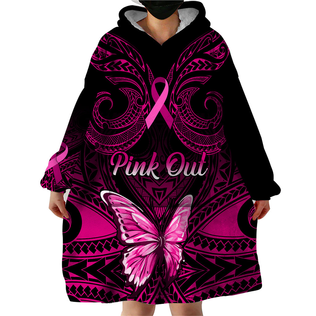 Personalised Pink Out Wearable Blanket Hoodie Breast Cancer Awareness Polynesian Pattern Black Version LT01 - Polynesian Pride