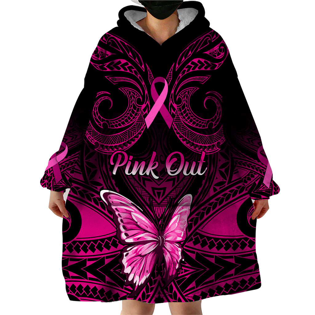 Personalised Pink Out Wearable Blanket Hoodie Breast Cancer Awareness Polynesian Pattern Black Version LT01 - Polynesian Pride