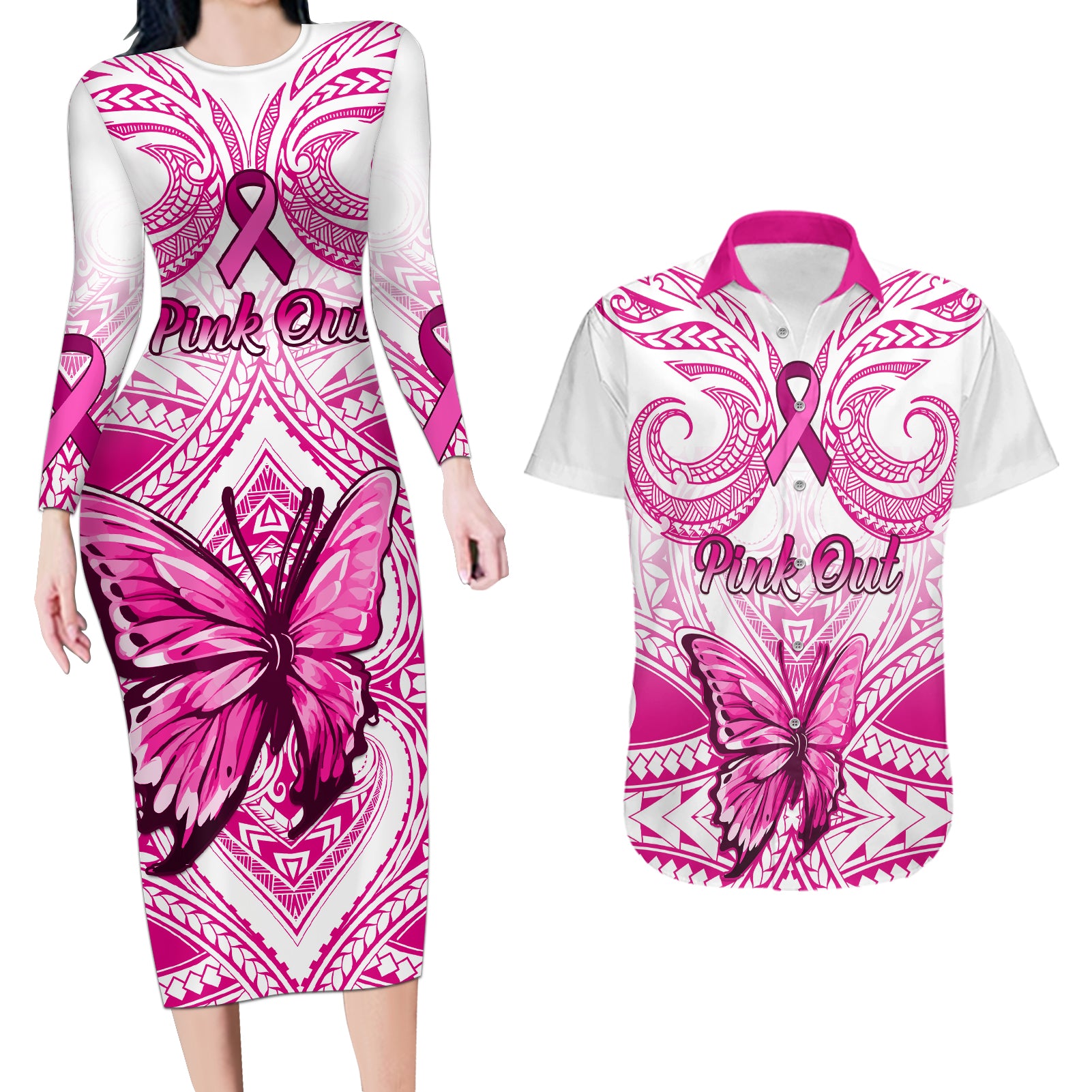 personalised-pink-out-couples-matching-long-sleeve-bodycon-dress-and-hawaiian-shirt-breast-cancer-awareness-polynesian-pattern-white-version