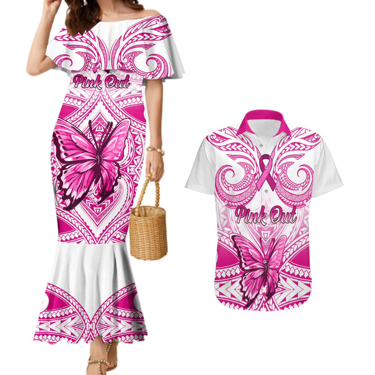 personalised-pink-out-couples-matching-mermaid-dress-and-hawaiian-shirt-breast-cancer-awareness-polynesian-pattern-white-version