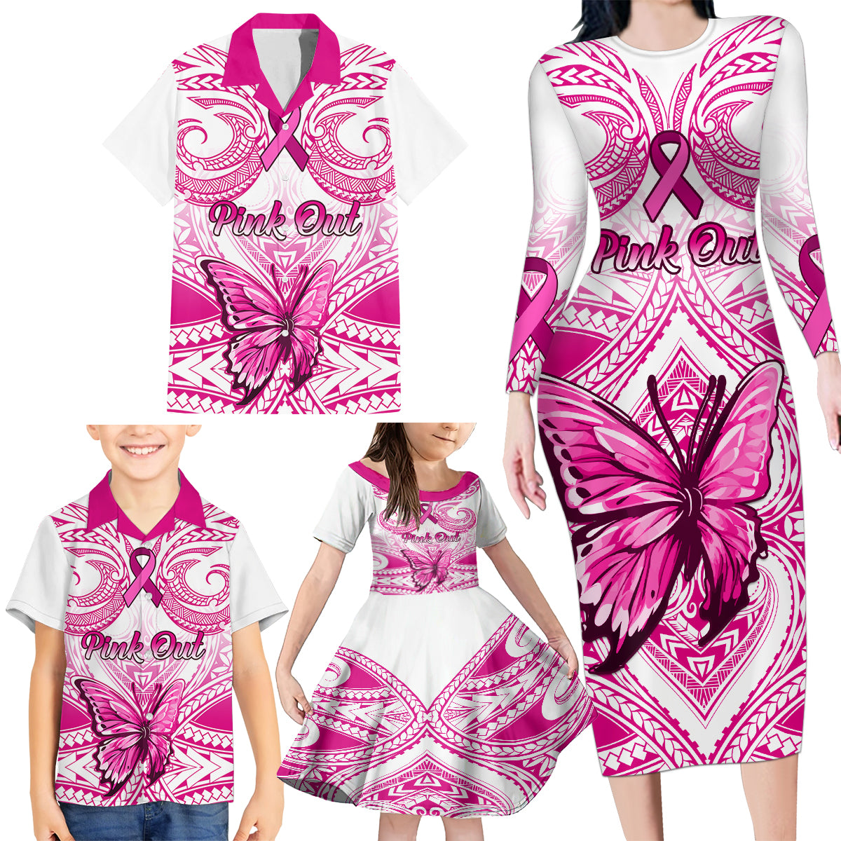 personalised-pink-out-family-matching-long-sleeve-bodycon-dress-and-hawaiian-shirt-breast-cancer-awareness-polynesian-pattern-white-version