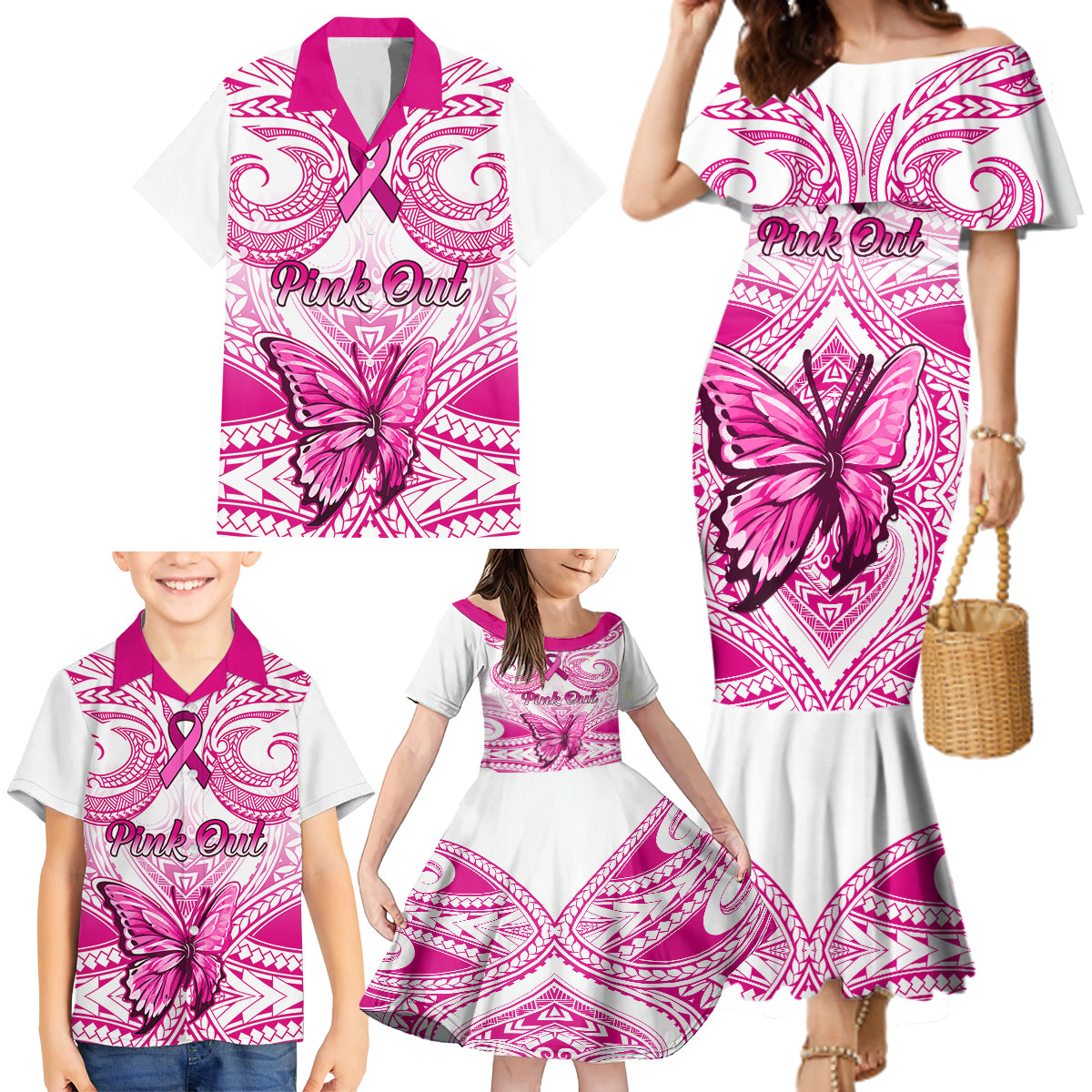 personalised-pink-out-family-matching-mermaid-dress-and-hawaiian-shirt-breast-cancer-awareness-polynesian-pattern-white-version