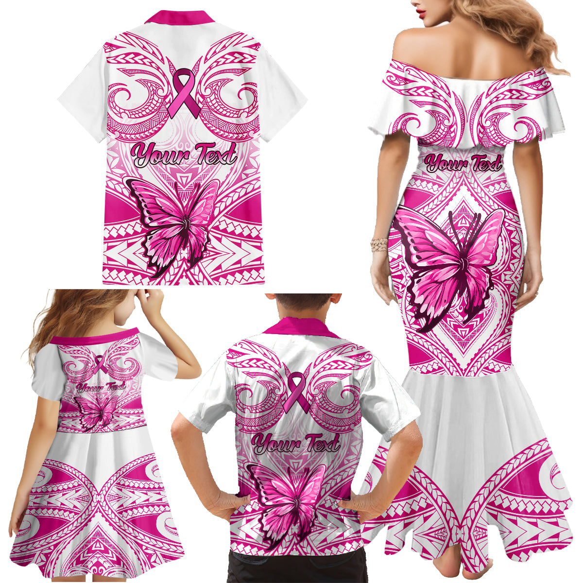 personalised-pink-out-family-matching-mermaid-dress-and-hawaiian-shirt-breast-cancer-awareness-polynesian-pattern-white-version