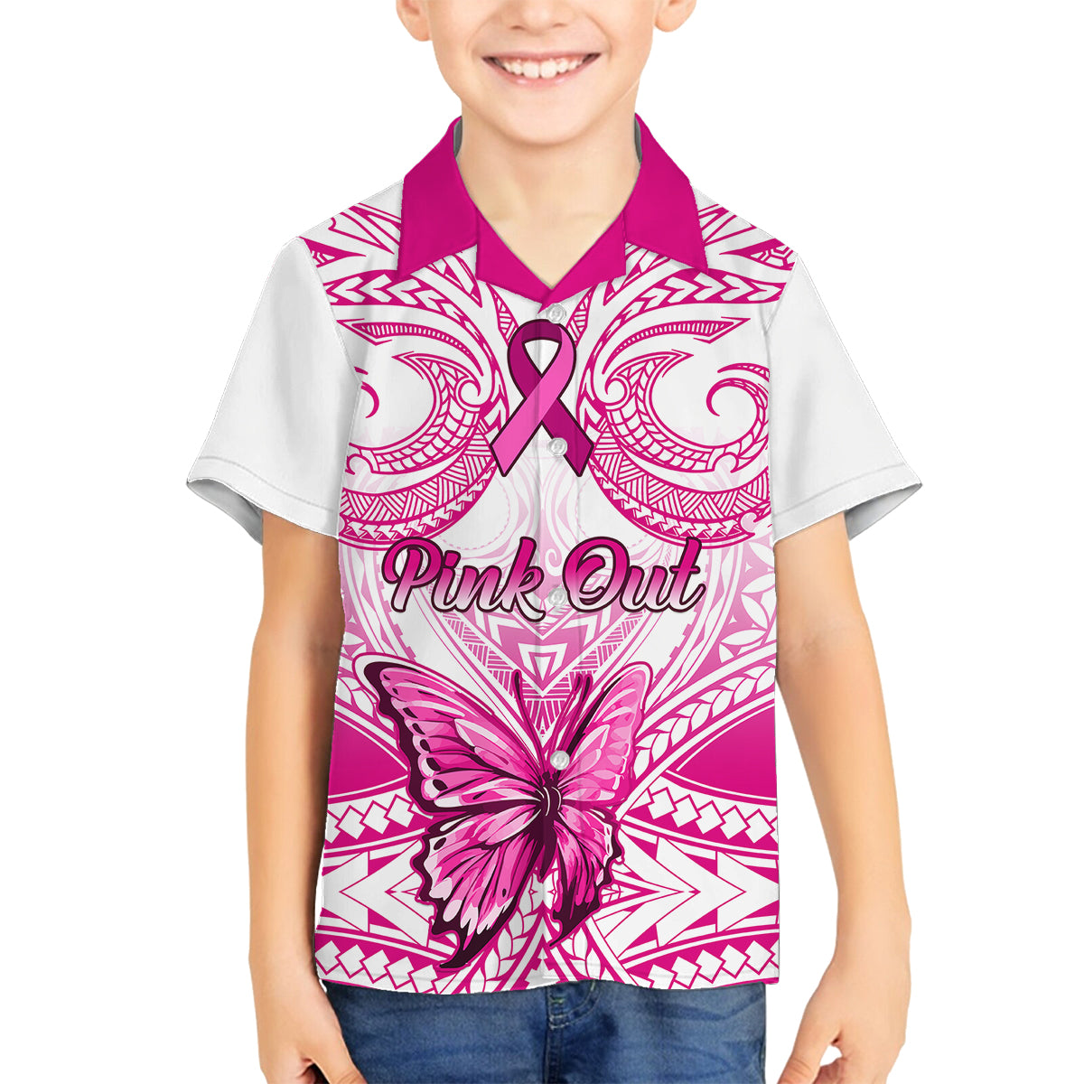 personalised-pink-out-family-matching-off-shoulder-short-dress-and-hawaiian-shirt-breast-cancer-awareness-polynesian-pattern-white-version