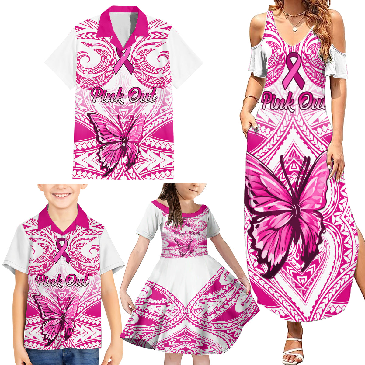 personalised-pink-out-family-matching-summer-maxi-dress-and-hawaiian-shirt-breast-cancer-awareness-polynesian-pattern-white-version