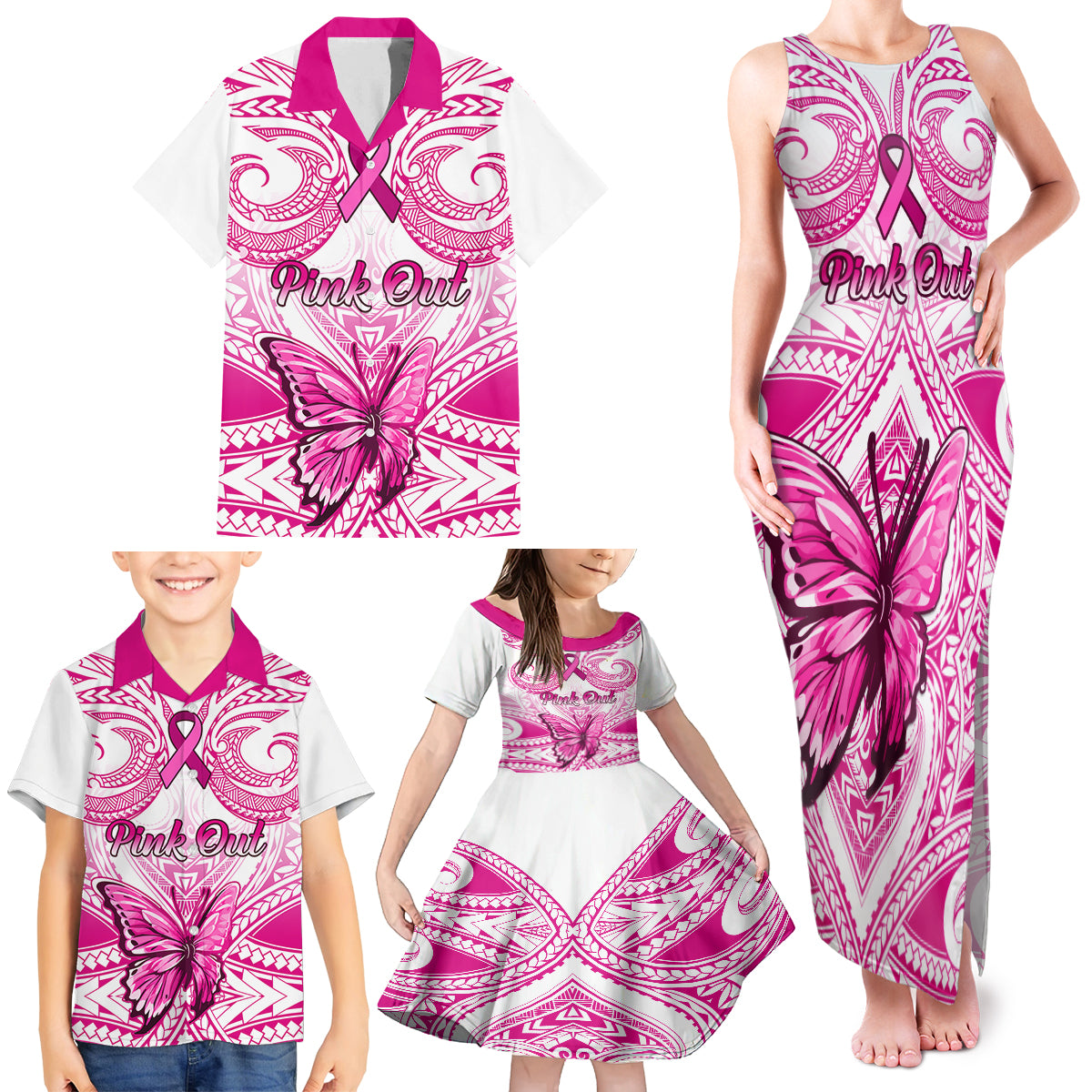 personalised-pink-out-family-matching-tank-maxi-dress-and-hawaiian-shirt-breast-cancer-awareness-polynesian-pattern-white-version