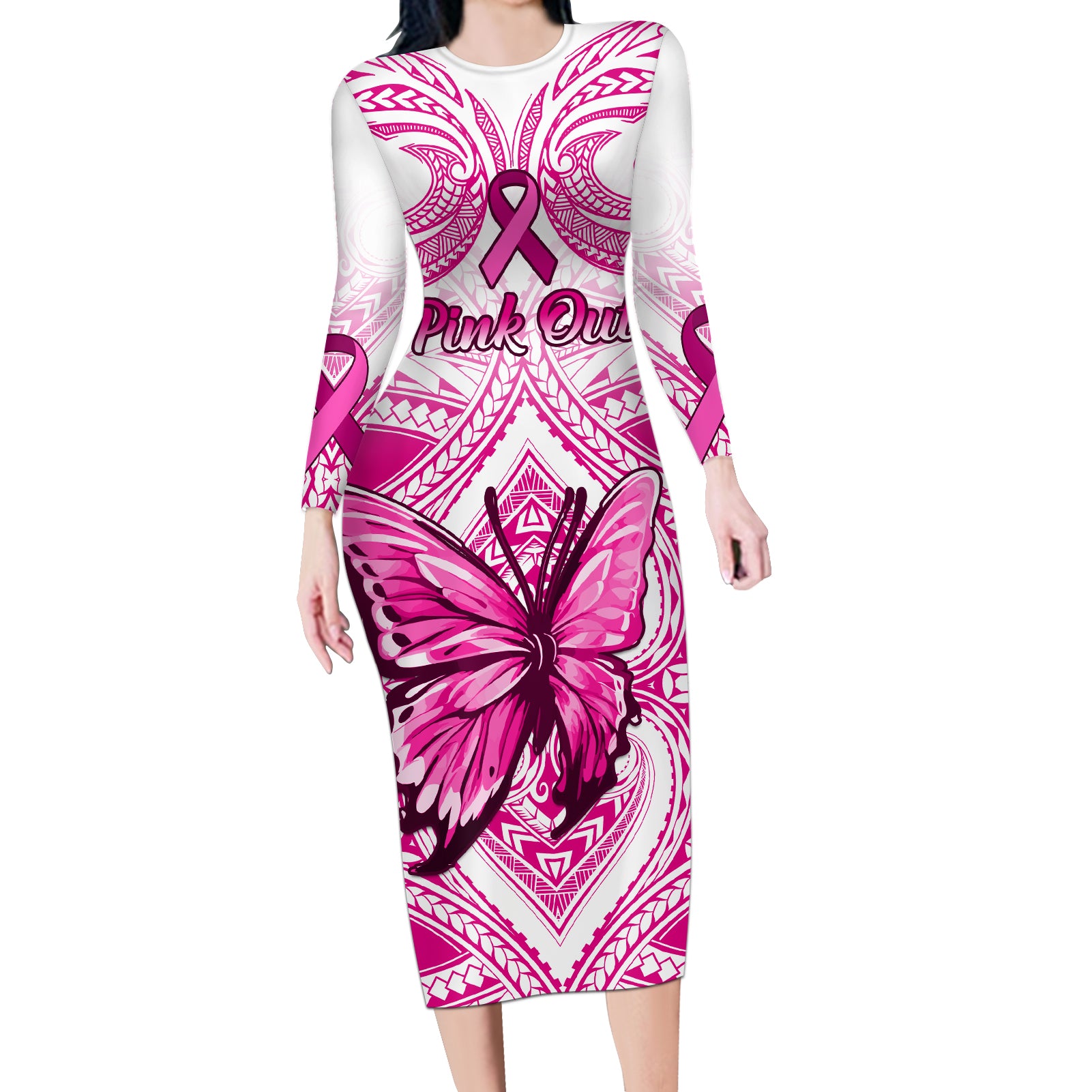 personalised-pink-out-long-sleeve-bodycon-dress-breast-cancer-awareness-polynesian-pattern-white-version