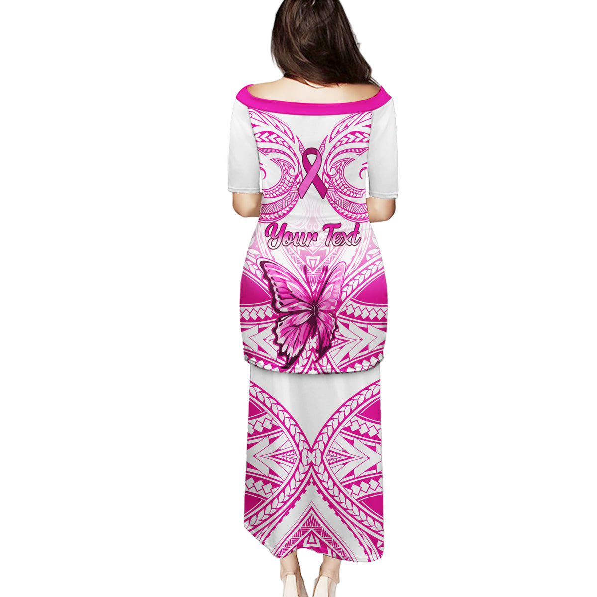 Personalised Pink Out Puletasi Breast Cancer Awareness Polynesian Pattern White Version LT01 - Polynesian Pride
