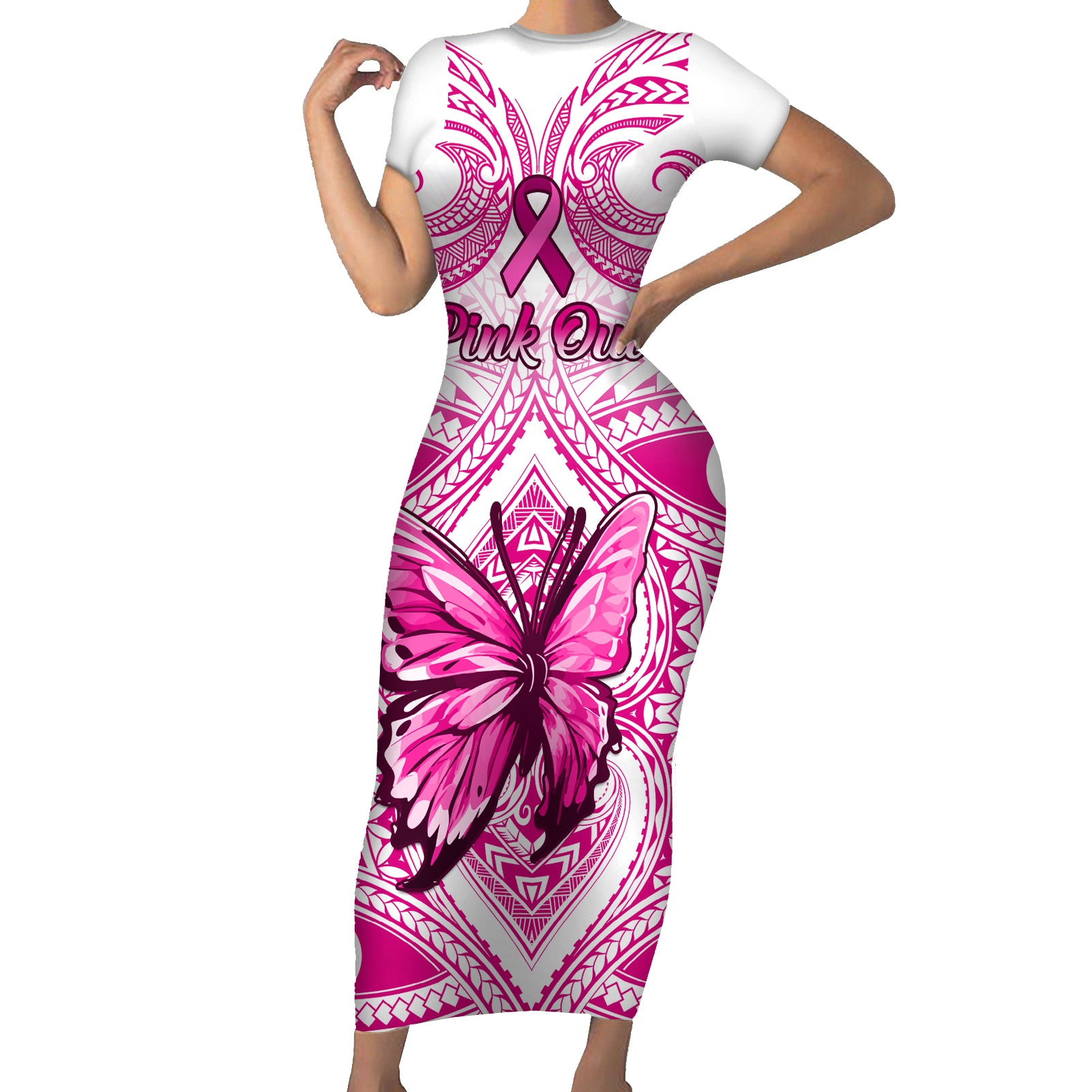 personalised-pink-out-short-sleeve-bodycon-dress-breast-cancer-awareness-polynesian-pattern-white-version