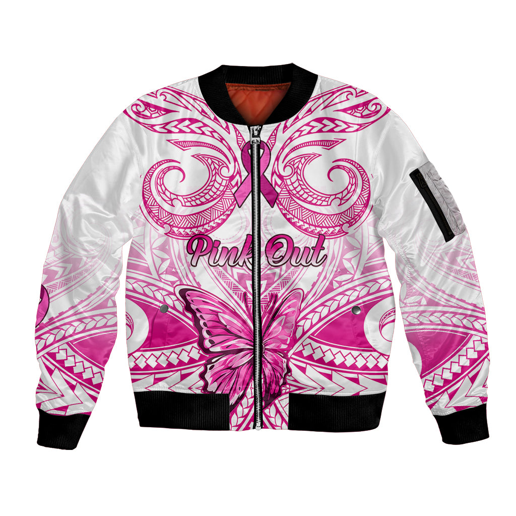 Personalised Pink Out Sleeve Zip Bomber Jacket Breast Cancer Awareness Polynesian Pattern White Version LT01 Unisex White - Polynesian Pride