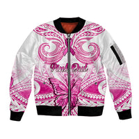 Personalised Pink Out Sleeve Zip Bomber Jacket Breast Cancer Awareness Polynesian Pattern White Version LT01 Unisex White - Polynesian Pride
