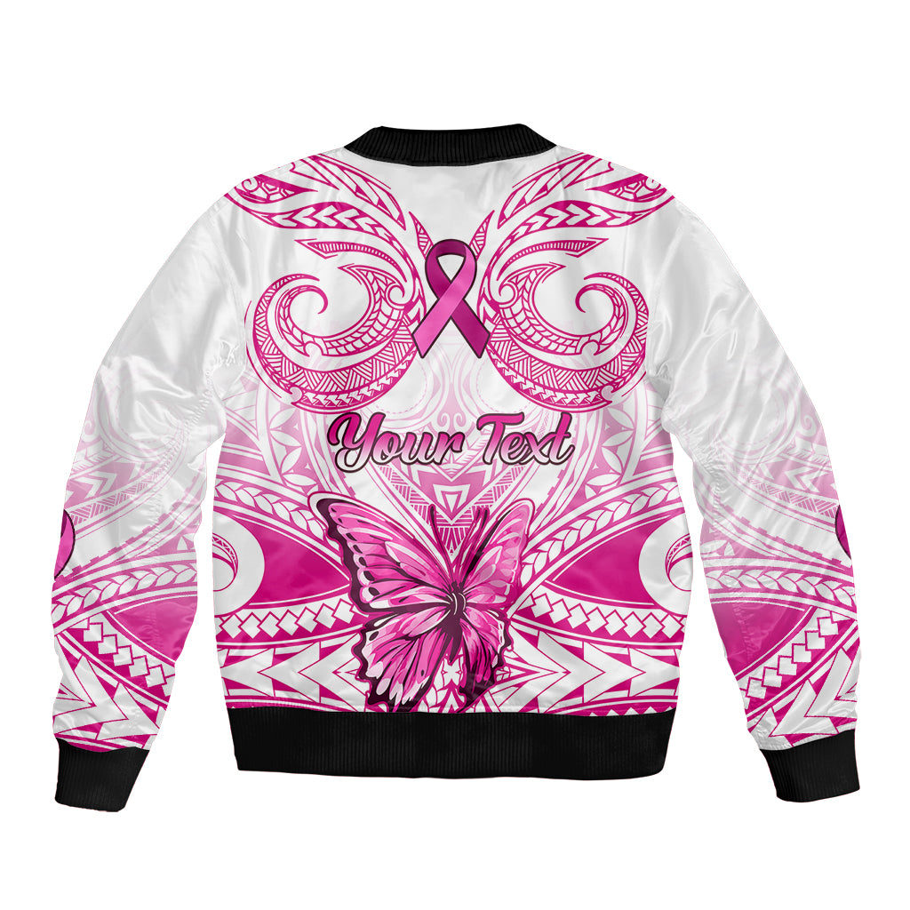 Personalised Pink Out Sleeve Zip Bomber Jacket Breast Cancer Awareness Polynesian Pattern White Version LT01 - Polynesian Pride