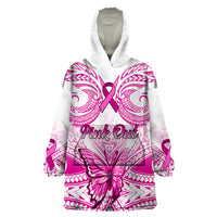 Personalised Pink Out Wearable Blanket Hoodie Breast Cancer Awareness Polynesian Pattern White Version LT01 One Size White - Polynesian Pride