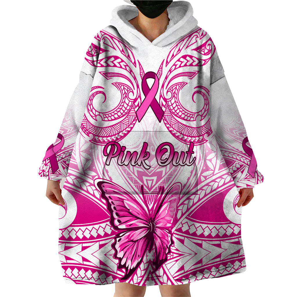 Personalised Pink Out Wearable Blanket Hoodie Breast Cancer Awareness Polynesian Pattern White Version LT01 - Polynesian Pride