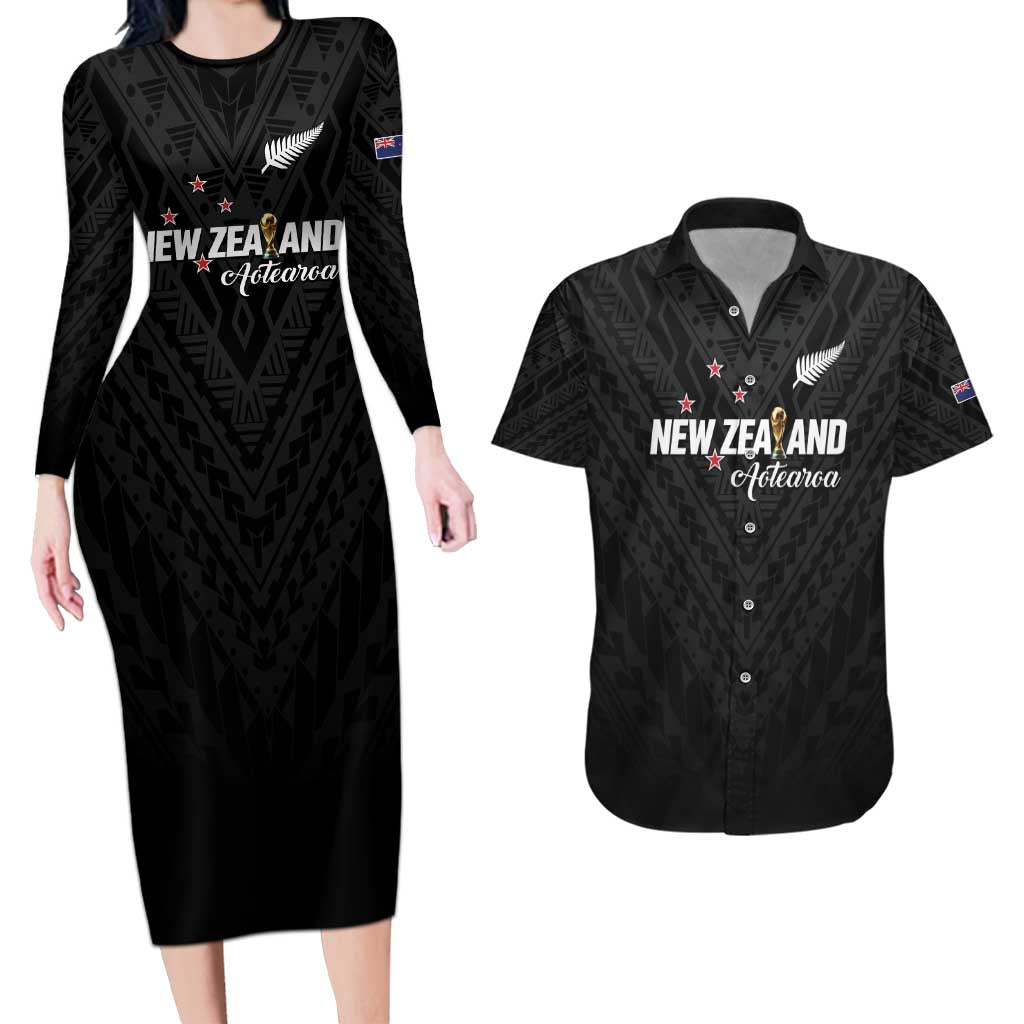 Custom Football New Zealand Couples Matching Long Sleeve Bodycon Dress and Hawaiian Shirt Aotearoa United Black Version - Polynesian Pride