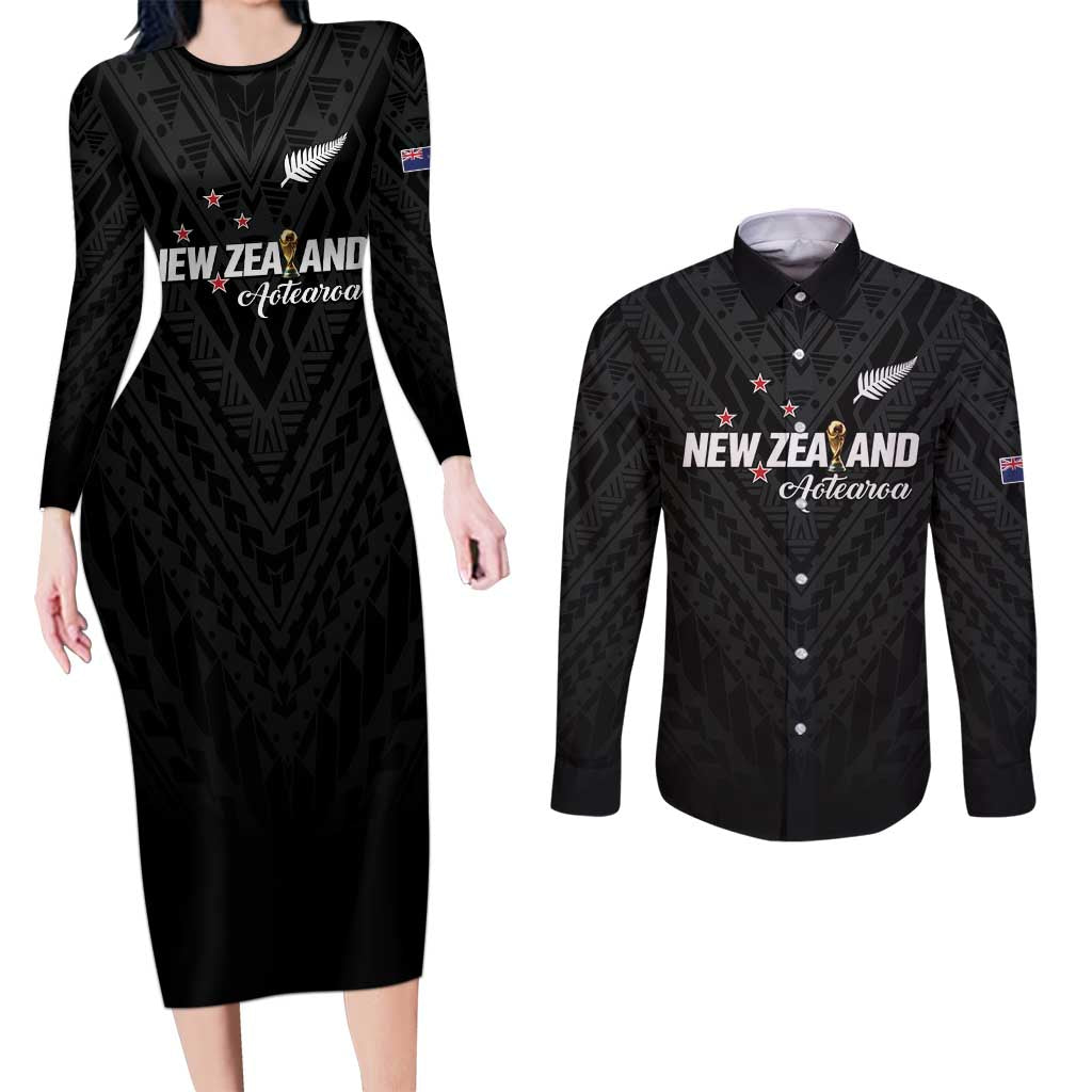 Custom Football New Zealand Couples Matching Long Sleeve Bodycon Dress and Long Sleeve Button Shirt Aotearoa United Black Version - Polynesian Pride