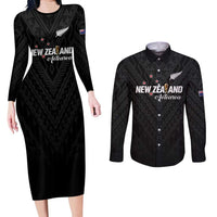 Custom Football New Zealand Couples Matching Long Sleeve Bodycon Dress and Long Sleeve Button Shirt Aotearoa United Black Version - Polynesian Pride