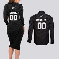 Custom Football New Zealand Couples Matching Long Sleeve Bodycon Dress and Long Sleeve Button Shirt Aotearoa United Black Version - Polynesian Pride