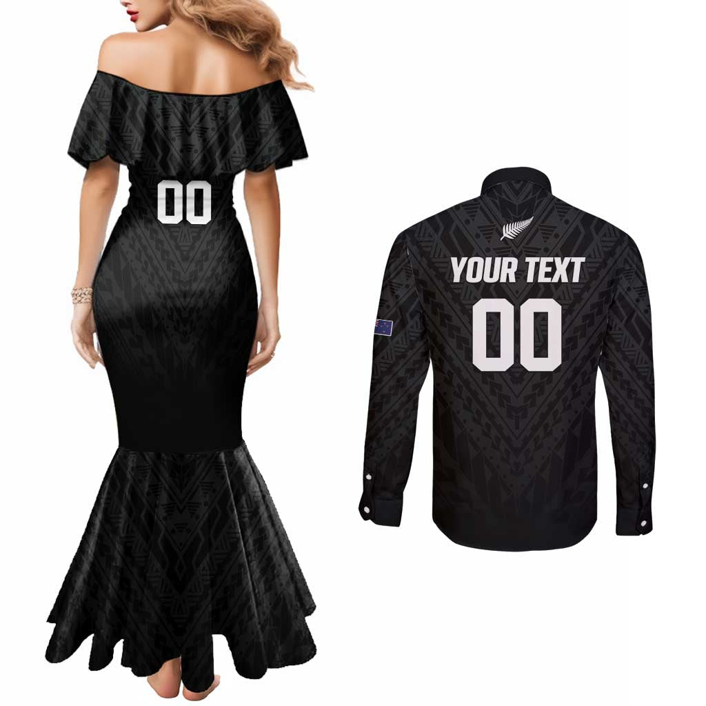 Custom Football New Zealand Couples Matching Mermaid Dress and Long Sleeve Button Shirt Aotearoa United Black Version - Polynesian Pride
