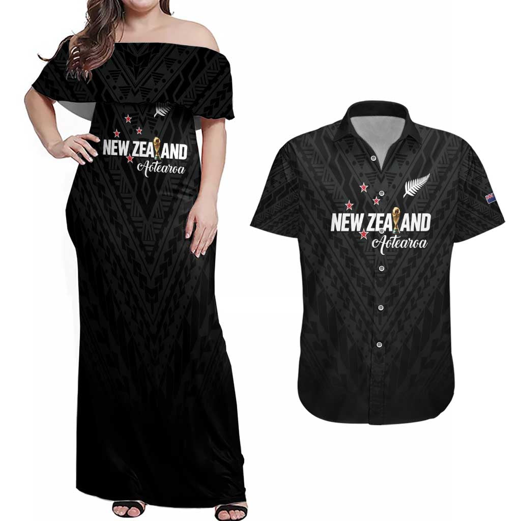 Custom Football New Zealand Couples Matching Off Shoulder Maxi Dress and Hawaiian Shirt Aotearoa United Black Version - Polynesian Pride