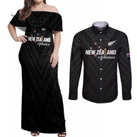 Custom Football New Zealand Couples Matching Off Shoulder Maxi Dress and Long Sleeve Button Shirt Aotearoa United Black Version - Polynesian Pride