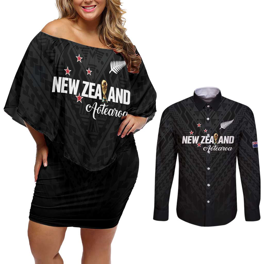 Custom Football New Zealand Couples Matching Off Shoulder Short Dress and Long Sleeve Button Shirt Aotearoa United Black Version - Polynesian Pride