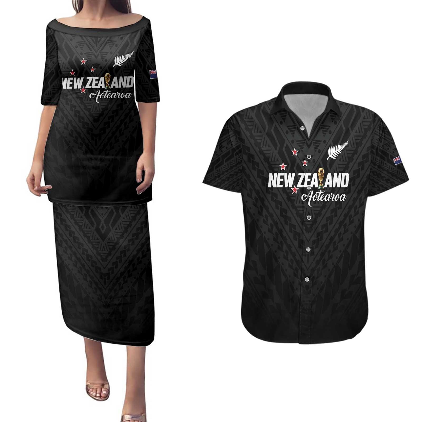 Custom Football New Zealand Couples Matching Puletasi and Hawaiian Shirt Aotearoa United Black Version - Polynesian Pride