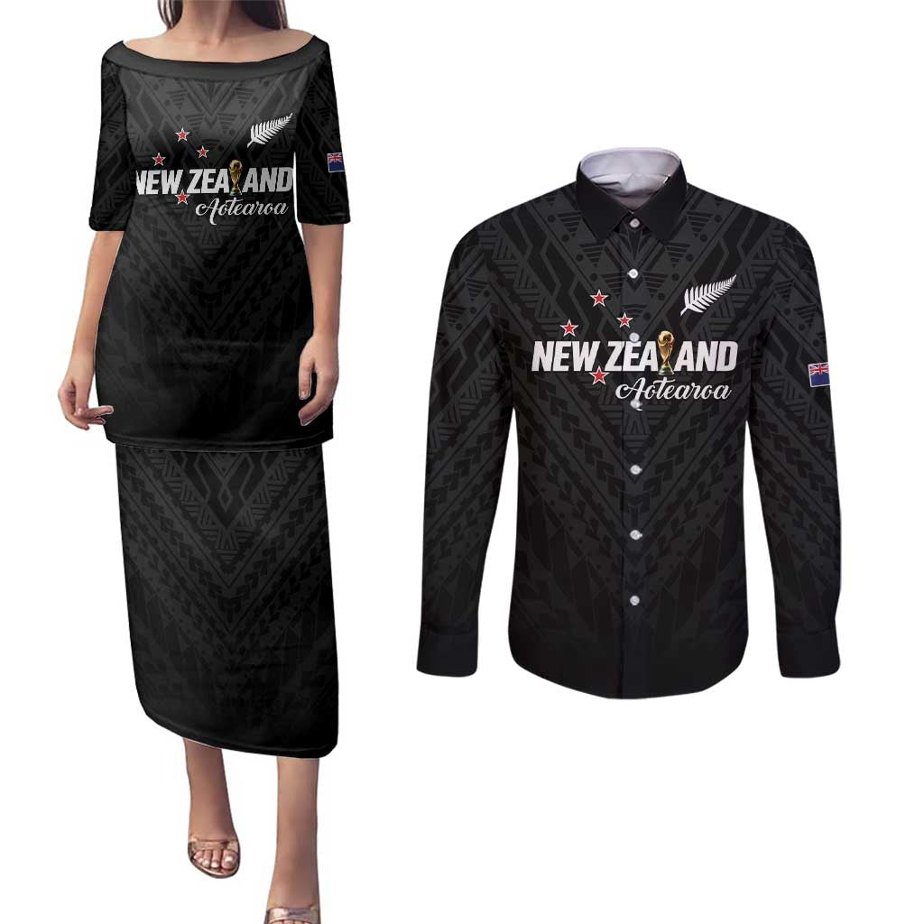 Custom Football New Zealand Couples Matching Puletasi and Long Sleeve Button Shirt Aotearoa United Black Version - Polynesian Pride